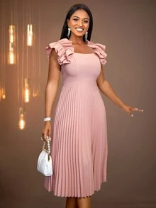 Elegant Pleated Round Neck Fitted Dress For Commuting