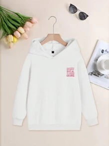 1件少女休闲印花保暖套头卫衣，秋冬季学生款 - “每一天都是第二次机会” - 穿上我们舒适时尚的卫衣，探索世界 - 白色 - 查看 2