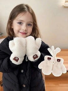 1 st. Kinderhandschoenen Winter Warm Pluche Hang Nek Handschoenen Jongens Meisjes Cartoon Beer Baby Winddichte Volledige Vinger Handschoenen Voor Buitenspelen, Geschikt Voor 2-5 Jaar Oud