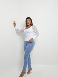 Women's Long Sleeve Tulle Polka Dot Puffy Low-Cut Blouse Bloggers Polka Dot Neckline - 白色 - 查看 6