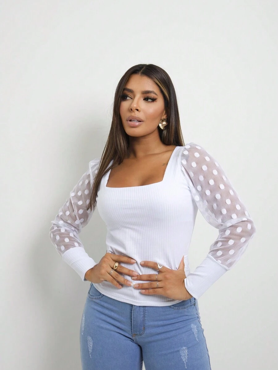 Women's Long Sleeve Tulle Polka Dot Puffy Low-Cut Blouse Bloggers Polka Dot Neckline - 白色 - 查看 1