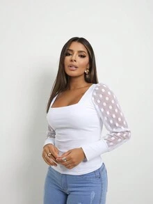 Women's Long Sleeve Tulle Polka Dot Puffy Low-Cut Blouse Bloggers Polka Dot Neckline - 白色 - 查看 2