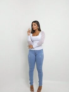 Women's Long Sleeve Tulle Polka Dot Puffy Low-Cut Blouse Bloggers Polka Dot Neckline - 白色 - 查看 4