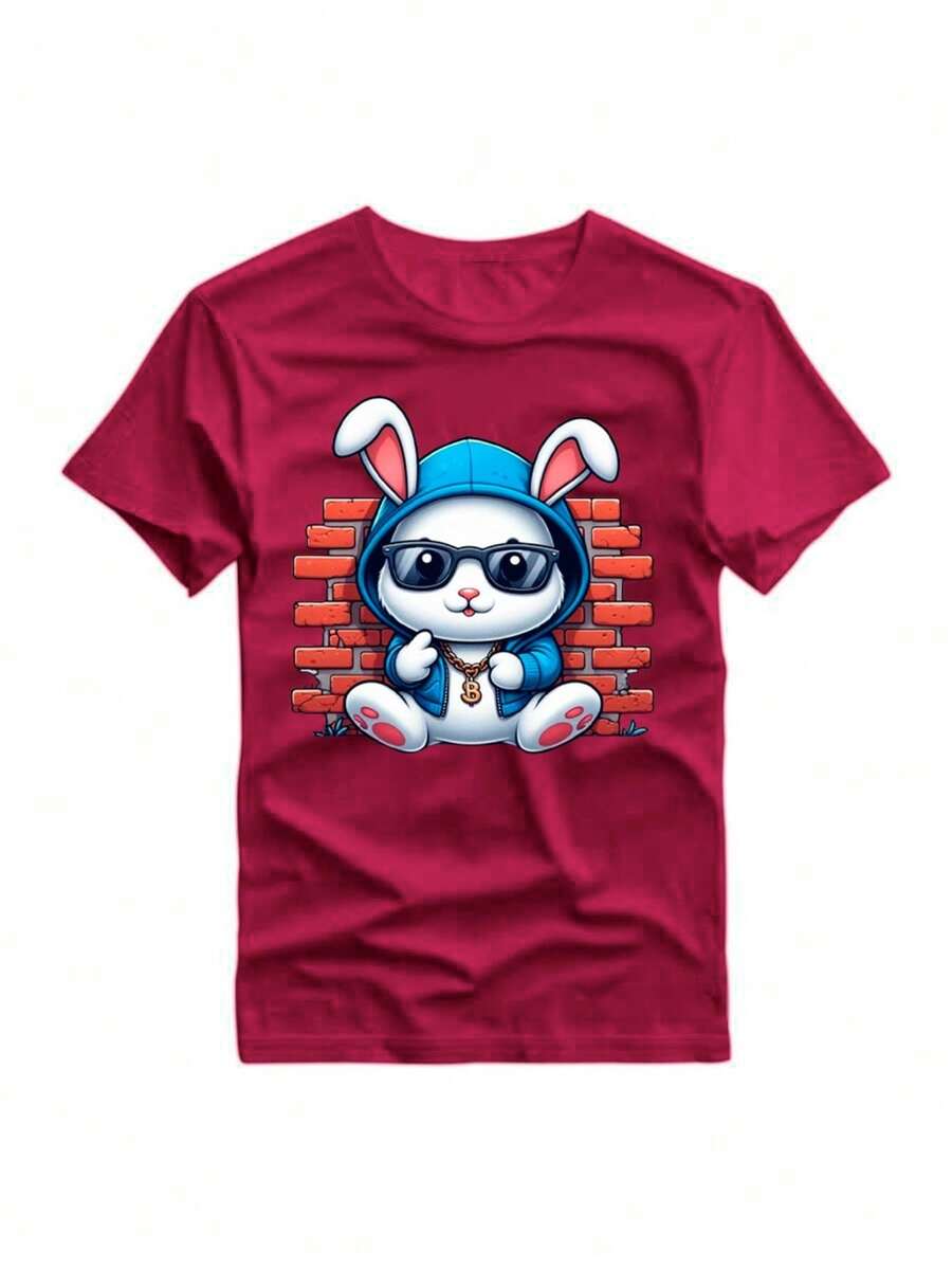 Rabbit Print T-Shirt,Men's T-Shirts,Summer Casual Short Sleeve T-Shirt Promotion - Màu Tím - Xem 1