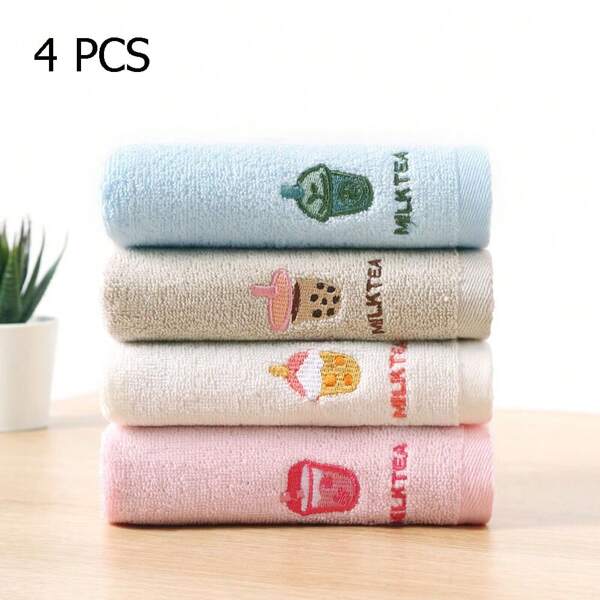 4pcs Baby Cartoon Boba Tea Pattern Soft Cotton Embroidered Face Towels, Suitable For Daily Bathing