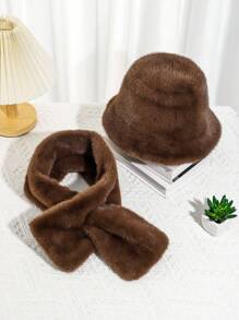 1 set Sombrero cubo y bufanda de unicolor con mezcla de piel para mujer, otoño/invierno, cálido, acogedor, estiloso - A - Ver 14