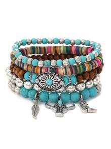 5pcs/Set Boho Style Wood Bead, Turquoise Leaf, Daisy, Bull Head & Bull Head Decor Bracelet For Women - Blue - View 5