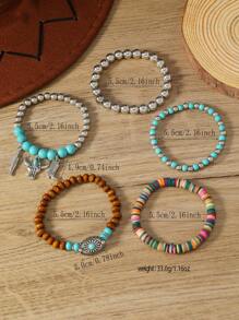 5pcs/Set Boho Style Wood Bead, Turquoise Leaf, Daisy, Bull Head & Bull Head Decor Bracelet For Women - Blue - View 3