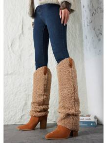 2025 Women Knee High Boots Western Cowboy Boots Chunky Heeled Warm Boots Slouch Tall Boots ,Fold Calf ,Side Zipper,Wide Calf - 駝色 - 查看 4