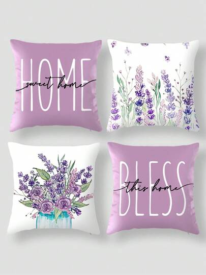 Set di 4 federe per cuscino in lino con lo stesso design senza imbottitura, floreale viola disposto casualmente, federa quadrata, adatta per divani del soggiorno, testiera della camera da letto, copertura cuscino per decorare casa, adatta per schienale, tutte le stagioni