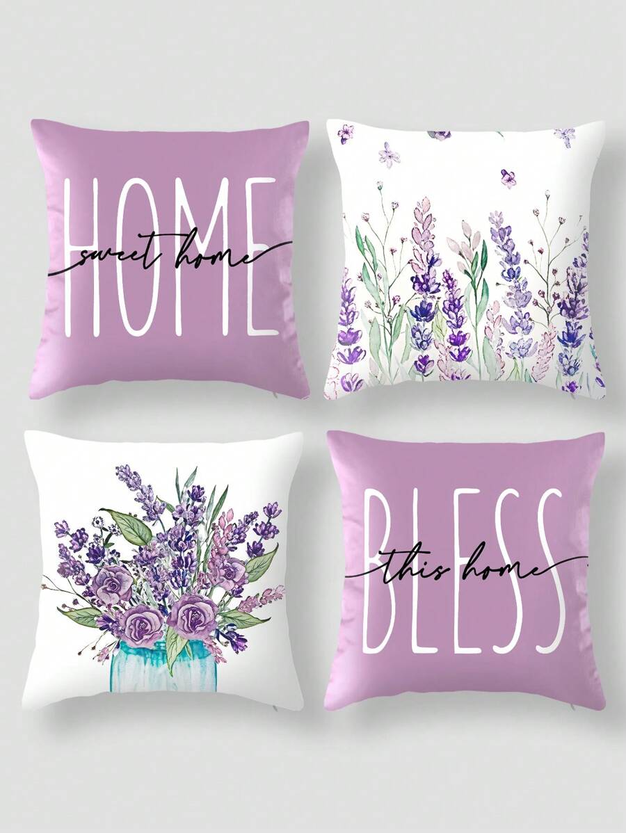 4入組/套具有相同設計的亞麻枕套，不含內芯，紫色小花紋，方形枕套，適用於客廳沙發，臥室床頭板，家居裝飾軟墊套，適用於靠背，適用於全年