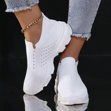 Giày thường ngày dệt kim màu trắng cho nữ, mũi tròn, thoáng khí, chống trượt, giày chạy bộ thể thao ngoài trời, giày làm việc nhẹ - trắng - Xem 4