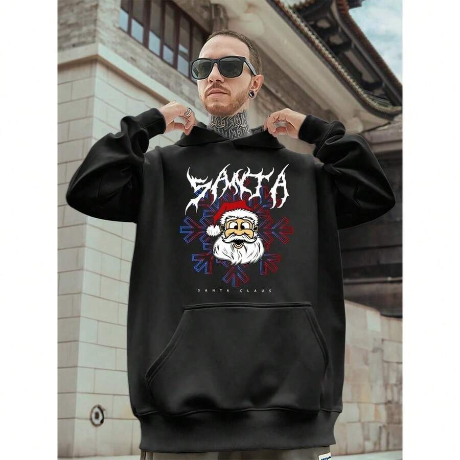 Men's Christmas Printed Cotton Sweatshirt Santa Claus Kangaroo Fashion - 黑色 - 查看 1
