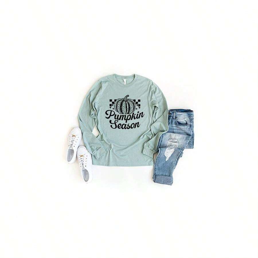 Checkered Pumpkin Season Cursive | Long Sleeve Crewneck - Mint Blue - View 1