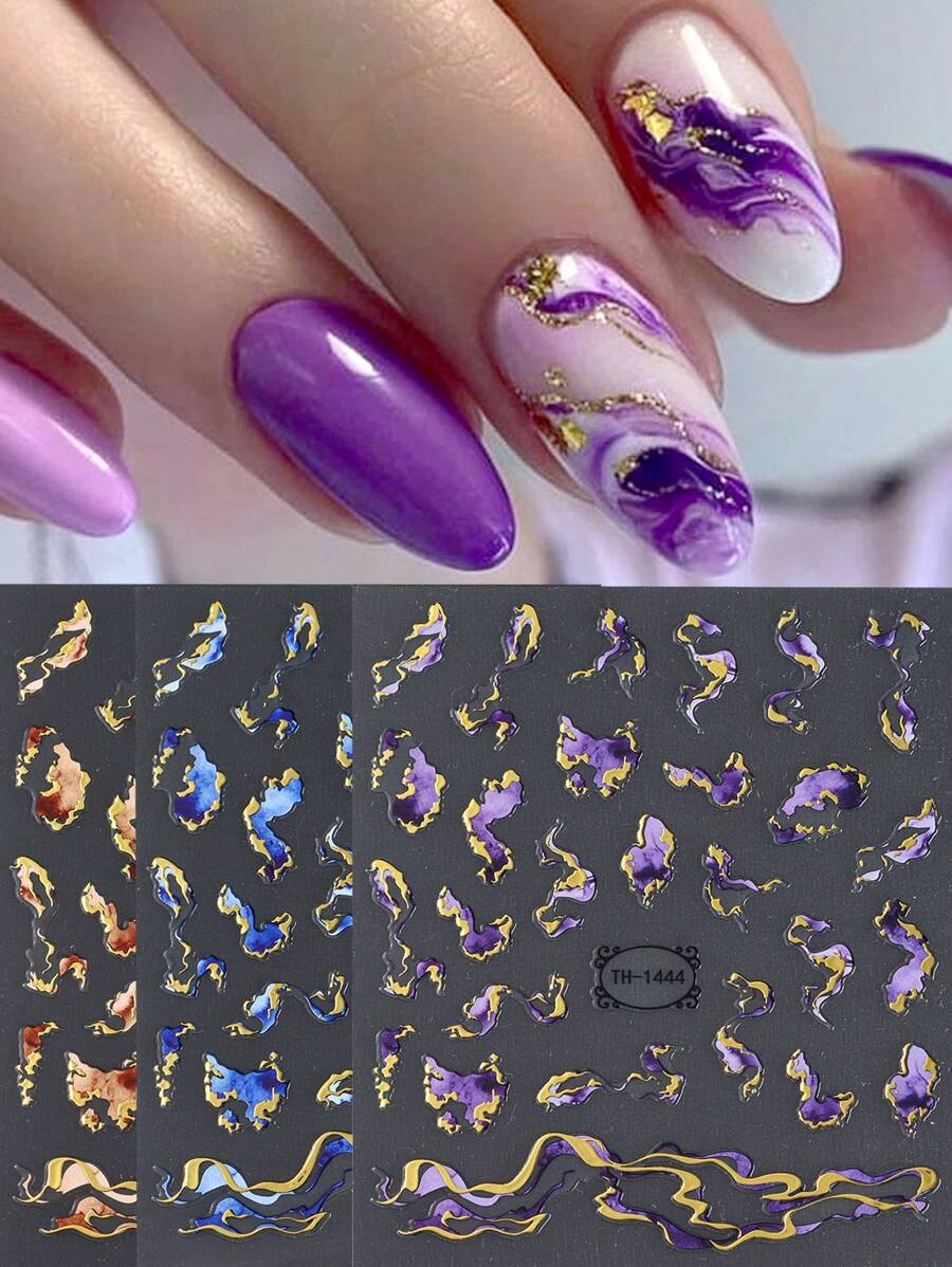 3PCS Miếng dán móng tay 3D màu tím xanh nâu mực thiết kế Decals Charm Gold Line trang trí nghệ thuật tự dính Holographic Gel Slider Phụ kiện làm móng Công cụ - Nhiều màu - Xem 1