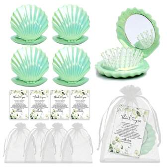 4 Set Bride Bridesmaid Thank You Gift Portable Foldable Travel Hair Brush With Mirror Shell Shape Folding Pocket Hair Brush Mini Hair Comb Compact Size Hair Massage Comb Set, Makeup Mirror Comb With Organza Bag And Thank You Card, Suitable For Bride Bachelorette Party Souvenirs Bridesmaids Small Gifts Wedding Party