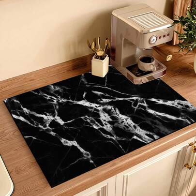 1pc Black Marble Print Absorbent Drying Mat, New Waterproof Kitchen Counter Drying Mat, Soft Silicone Non-Slip Quick-Dry Pad For Kitchen Counter, Coffee Maker