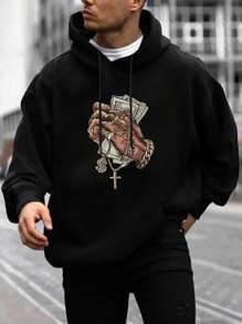 Men's Casual Gesture Printed Thermal Lined Hoodie, Autumn/Winter - Black - View 1