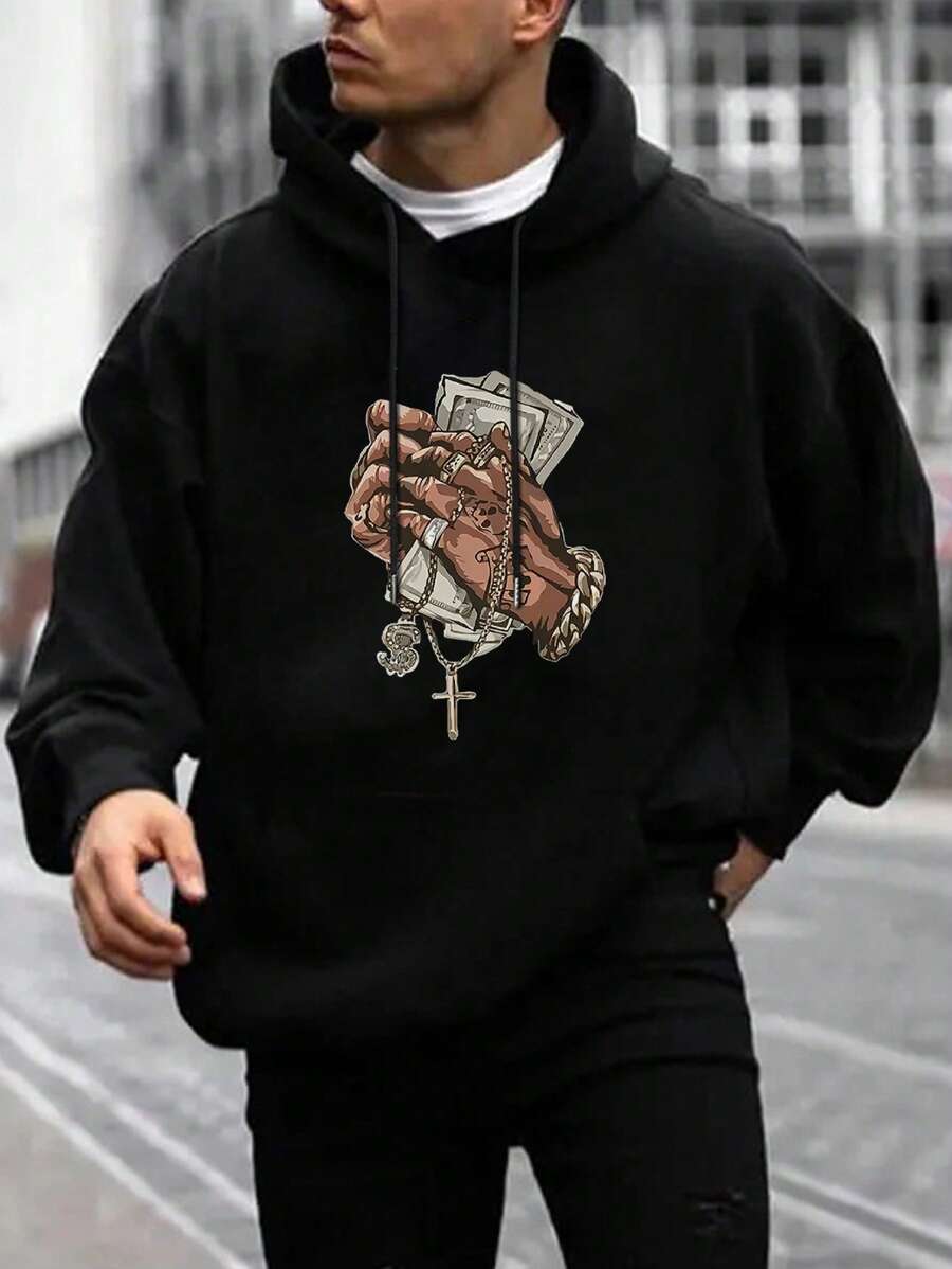 Men's Casual Gesture Printed Thermal Lined Hoodie, Autumn/Winter - Black - View 1