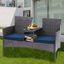 Wicker Outdoor Loveseat Modern Rattan 2-Seat Patio Conversation Set With Cushions & Built-In Coffee Table Porch Furniture - Brown/Blue - View 8