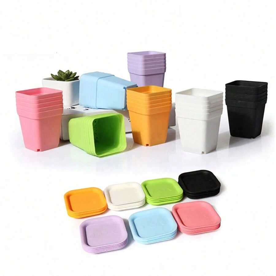10pcs Mixed Color Plant Pot With Tray, Simple Plastic Plain Color Nursery Pot For Garden - Multicolor - View 1