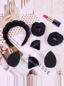 7-Piece Set Wash Makeup Headband Ladies Spa Makeup Remover Clean Face Hairband Set Makeup Sponge Puff High Skull Top Headband Set.