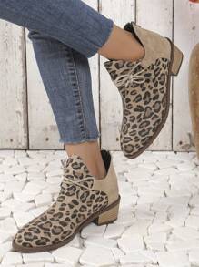 Women Fashion One-Push Lace-Up Decoration Leopard Print Pointed Toe Low Heel Shoes Back Zipper Versatile Comfortable Nude Chelsea Boots, Brown