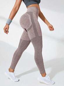Mallas deportivas informales para mujer de unicolor sin costuras con pliegues en el trasero - Café integral - Ver 3