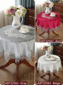 ABEST6522 Home&Living store 100% 聚酯纖維圓形天鵝絨桌巾，鏤空蕾絲邊飾，優雅花卉刺繡圓形桌布，適用於咖啡桌、邊桌，婚禮派對居家裝飾桌布 - 彩色 - 查看 2