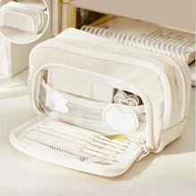 1个马卡龙图案大号铅笔盒/收纳袋，INS文具包，便携式手提铅笔盒/收纳袋，化妆包，适合青少年办公及学习用品，返校季必备，文具用品，铅笔盒，书包 - 米色 - 查看 3