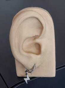 Thin Hoop Earring With Lightning Bolt Pendant Studded In Zirconia - Stainless Steel - 銀色 - 查看 6