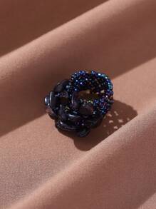 1pc Bohemian Beaded Elastic Wide Band Ring For Women, Natural Stone Decor, Adjustable Size - Dark Blue - View 5