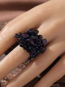 1pc Bohemian Beaded Elastic Wide Band Ring For Women, Natural Stone Decor, Adjustable Size - Dark Blue - View 7