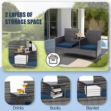 Wicker Outdoor Loveseat Modern Rattan 2-Seat Patio Conversation Set With Cushions & Built-In Coffee Table Porch Furniture - Brown/Blue - View 6