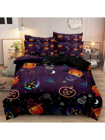 طقم لحاف 3 قطع طباعة رقمية ثلاثية الأبعاد بنمط اليقطين 90جم/م2، طقم أغطية سرير ناعم ودافئ لغرفة النوم/غرفة الضيوف (غلاف لحاف 1 قطعة + غطاء وسادة 2 قطعة، بدون حشو)