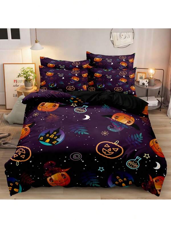 3pcs 90gsm 3D Digital Printed Halloween Pumpkin Pattern Comforter Set, Soft & Cozy Bedding Set For Bedroom/Guest Room (1*Comforter Cover + 2*Pillowcases, No Filler)