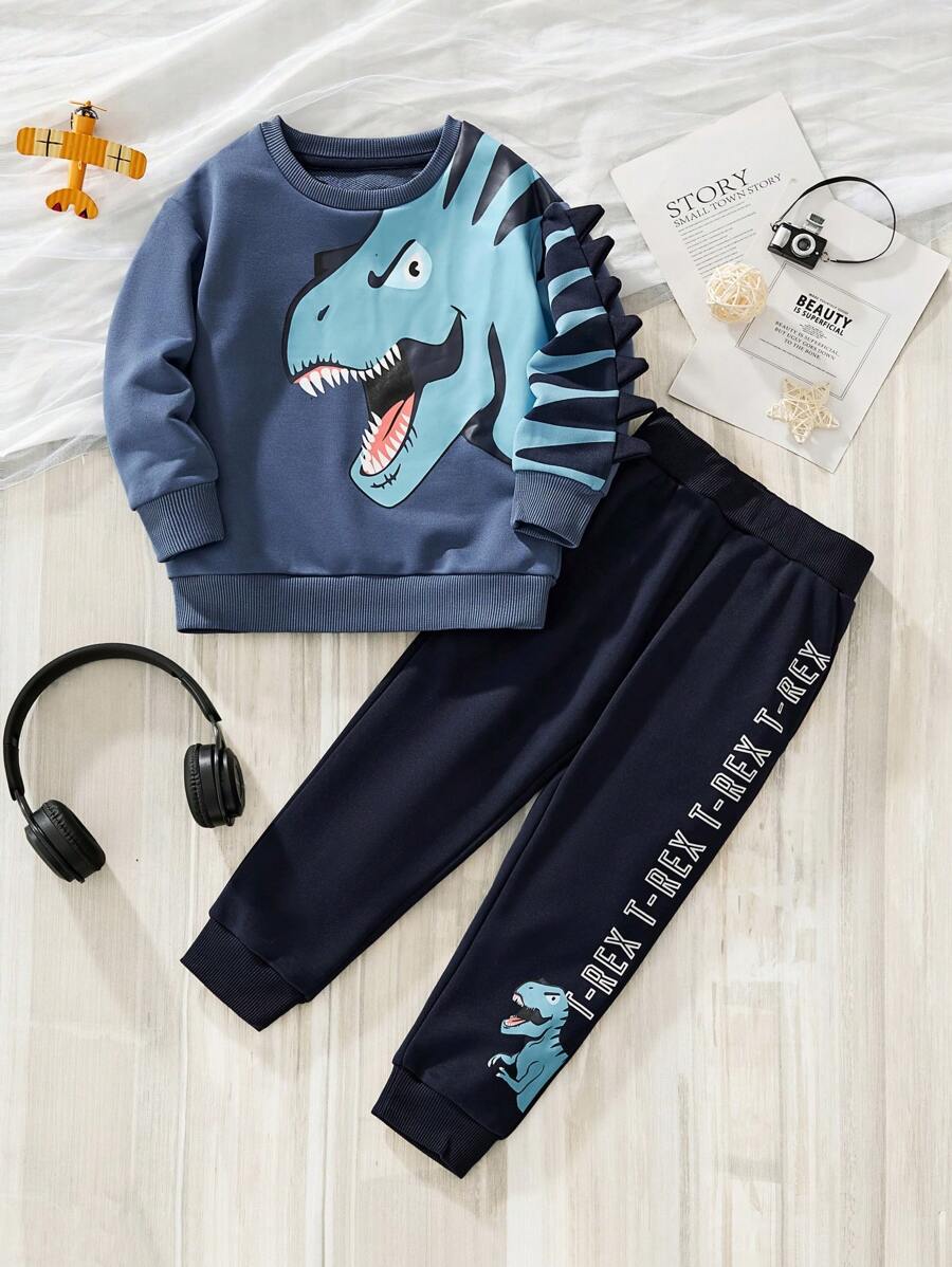 Young Boy 2pcs/Set Children Cartoon Dinosaur Print Long Sleeve Sweatshirt And Pants, Fashion Outfit For Autumn/Winter - Multicolor - View 1