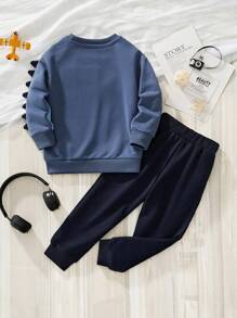 Young Boy 2pcs/Set Children Cartoon Dinosaur Print Long Sleeve Sweatshirt And Pants, Fashion Outfit For Autumn/Winter - Multicolor - View 2