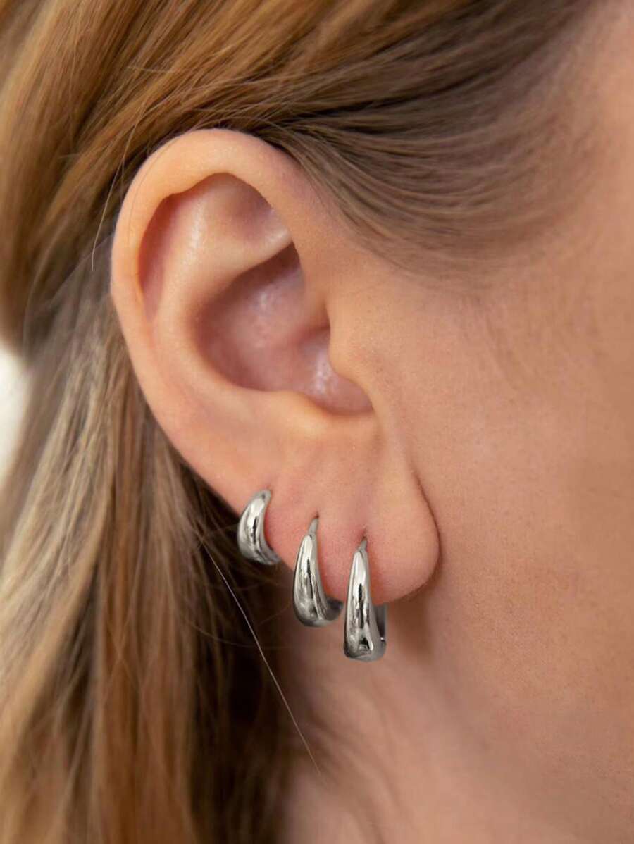 3 Pairs Water Drop Shaped Earrings, Unique Design Elegant C-Type Earrings - Silver - View 1