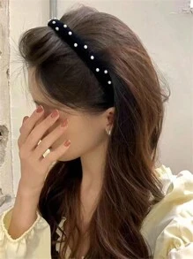 1pc Women's Black Studded Velvet Headband With Bead Decoration, Perfect For Matching With And Coats In Autumn And Winter, Elegant And Versatile With Faux Pearl Embellishment,Hairband,Hair Hoop,Hair Accessories Headbands Head Accessories - Black - View 1