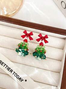 1 对时尚圣诞树、星星、蝴蝶结、铃铛几何圣诞老人耳环，适合任何场合的女性，圣诞礼物情人节 - 聖誕樹蝴蝶結耳墜 - 查看 3