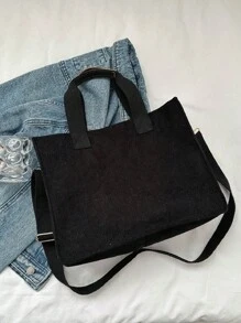 时尚简约纯色灯芯绒单肩包，休闲大容量多口袋水桶包，时尚笔记本电脑手提斜挎包，适合户外旅行和工作，复古斜挎购物手提包，大号校园手提包，多个隔层，非常适合海滩、学校、工作和日常使用 - 黑色 - 查看 6