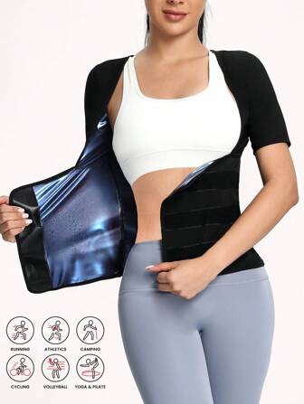 2025 Nuevo Traje de Sauna de Sudor para Mujeres, Body Moldeador de Fitness Transpirable con Faja Adhesiva de Cintura, Mono de Manga Corta con Busto Fijo para Correr, Yoga, Fitness, Ropa Exterior Sexy de Yoga Fitness, Reductor de Cintura, Moldeador Corporal (Recubierto de PU), Longitud talla grande Corta