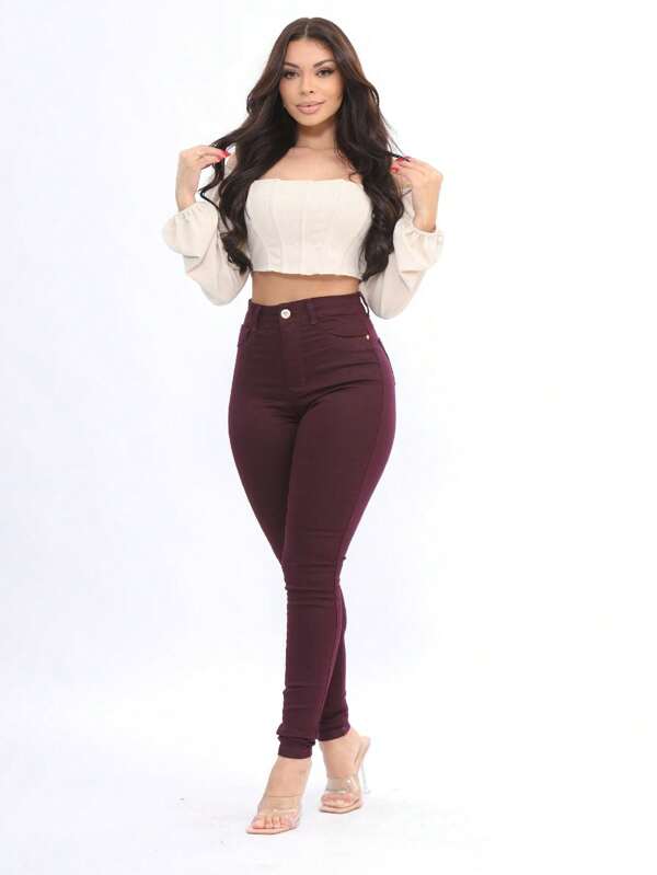 Calça Jeans Feminina Vinho Uva Skinny Cintura Alta  Levanta Bumbum Com Lycra Wesen jeans