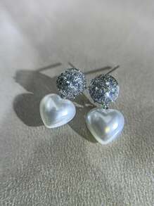 Women's Earrings With Zirconia Ball Pendant And Heart Pearl, 18k Gold Plated And 925 Silver - Bạc - Xem 1