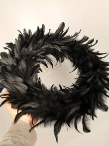 13.7in Black Artificial Feather Wreath, Halloween Front Door Wreath Door Hanging Spooky Scene Decor Photos Props Party Favors For Indoor Outdoor Halloween Christmas Ornaments - 黑色 - 查看 4