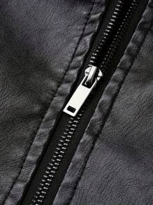 男士夹克，春秋季摩托车夹克，宽松拉链PU皮夹克 - 咖啡棕 - 查看 5