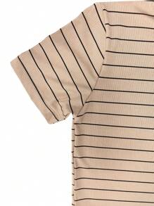 K&K FASHION SHEIN Ribbed Striped T-Shirt - Caramelo - Ver 5