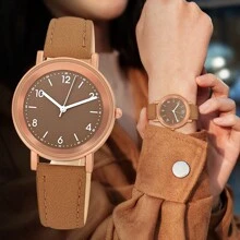 1 件时尚女士石英表，PU 皮革表带，圆形表盘，日常佩戴 - 棕色 - 查看 1