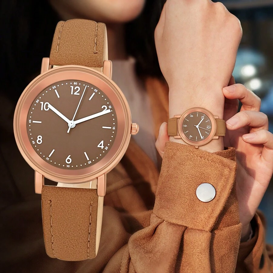1 件时尚女士石英表，PU 皮革表带，圆形表盘，日常佩戴 - 棕色 - 查看 1